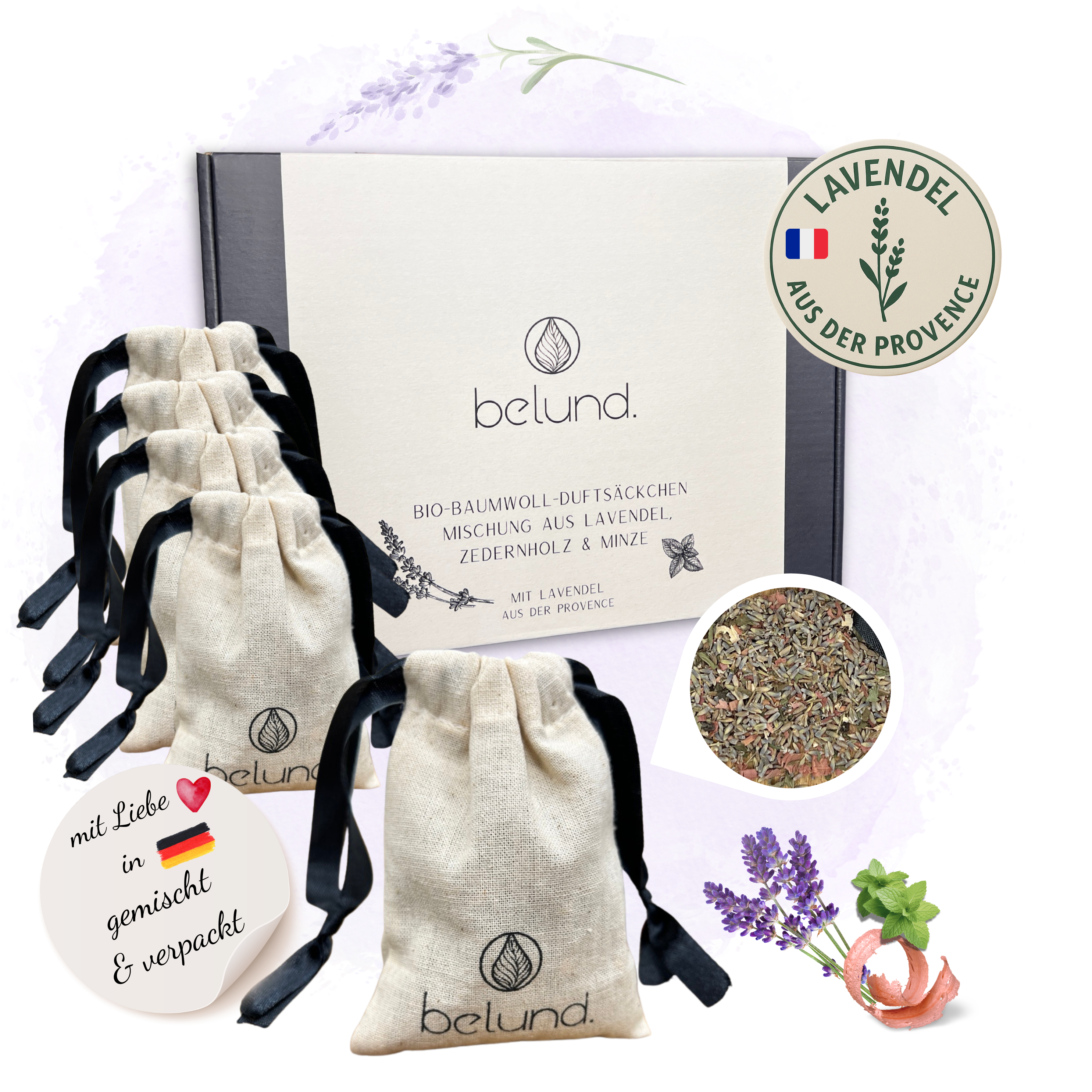 Bio Baumwolle Lavendelsäckchen Set aus Lavendel, Zedernholz und Minze