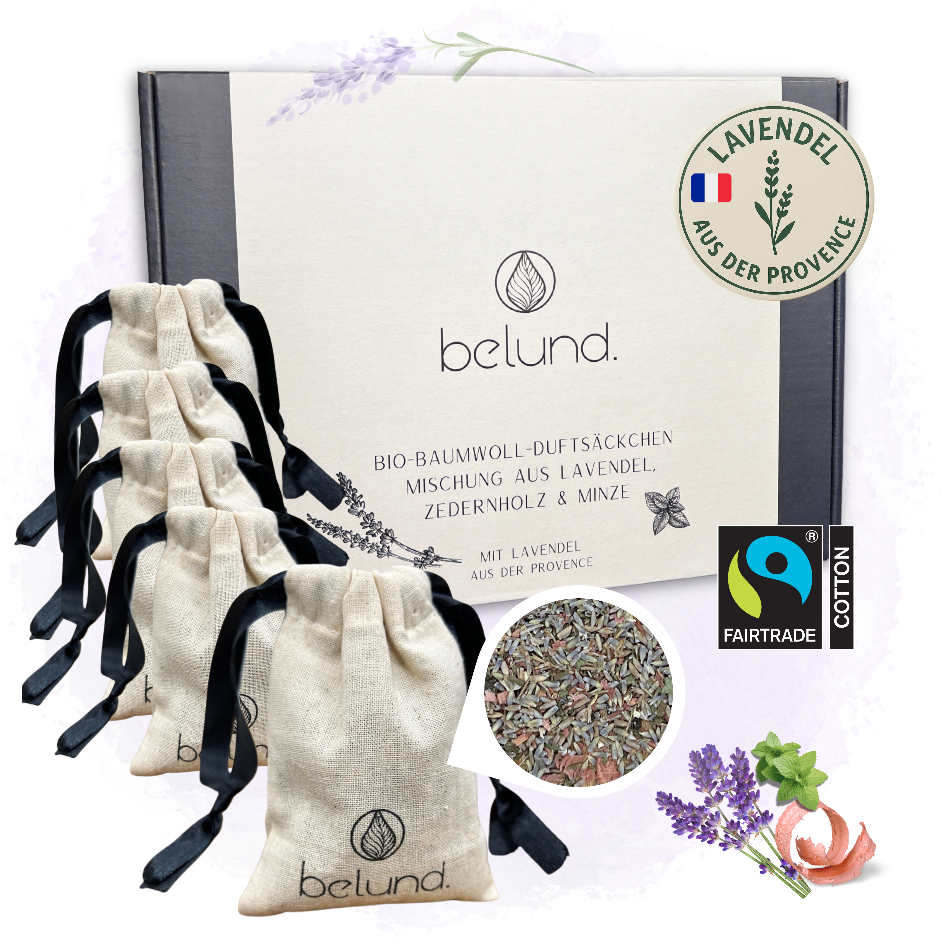 Geschenkverpackung belundbeste qualität aus frankreich 5 säckchen aus bio baumwolle fairtrade zertifiziert Bio GOTS zertifiziert natürliche mischung natürliche zutaten fünf Lavendelsäckchen zum selbstbefüllen inklusive mischung lavendel zedernholz und minze Duftsäckchen Lavendelsäckchen